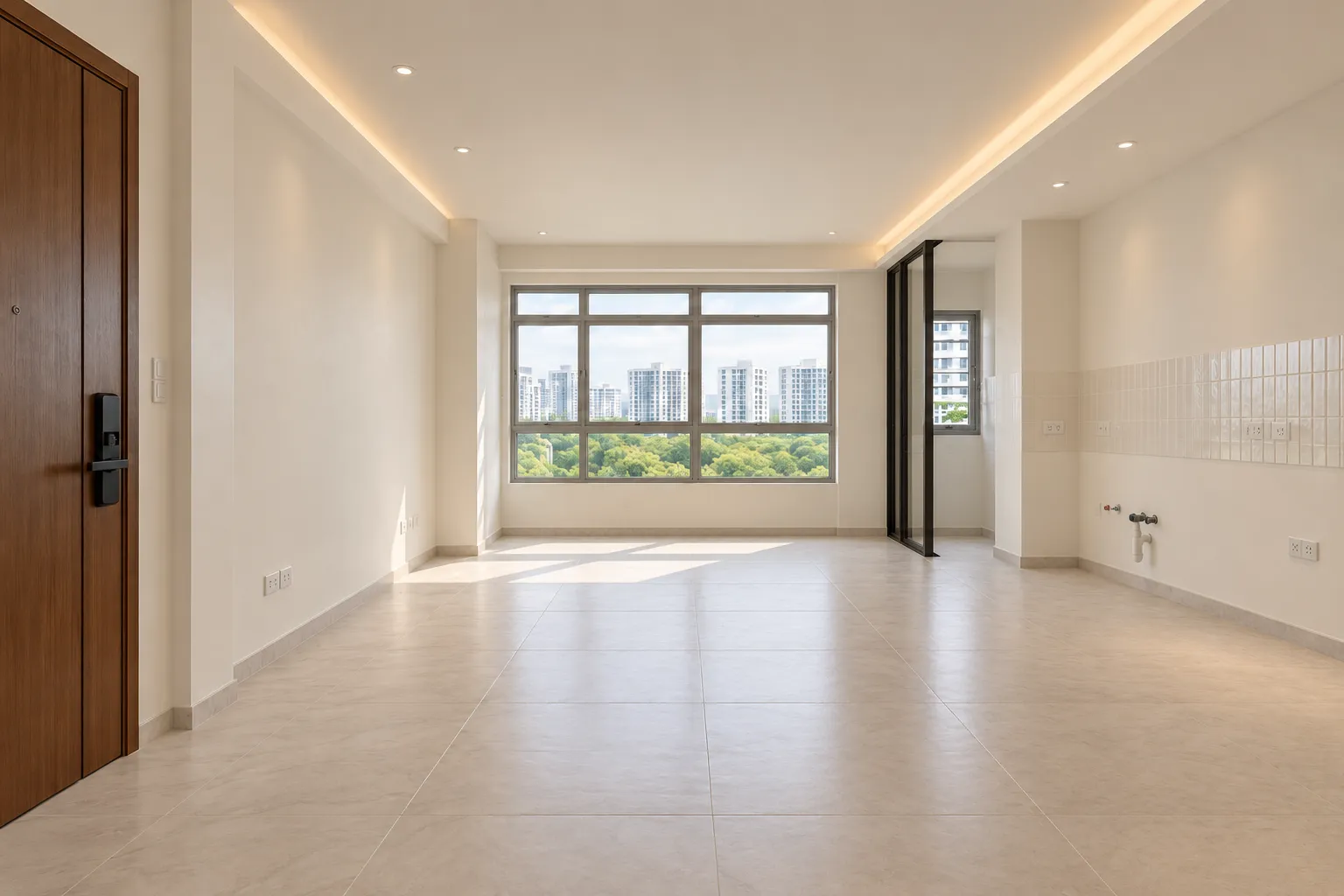 The same flat with floor tiles laid and lighting points in place