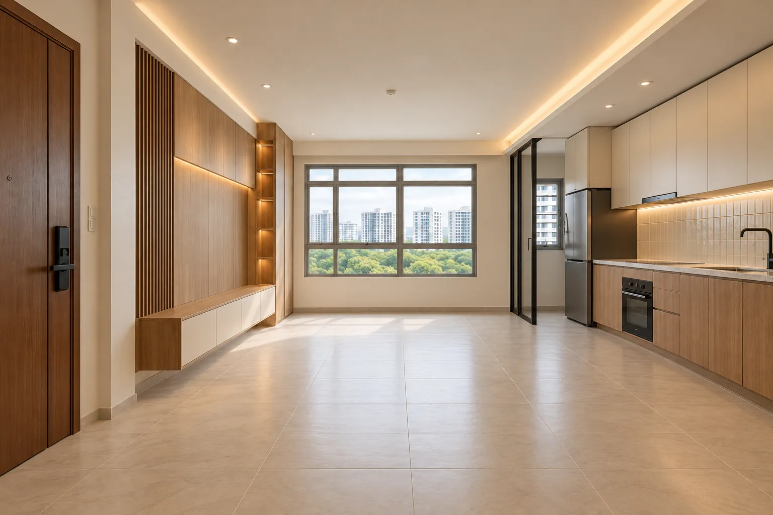 The same flat with kitchen cabinets and built-in carpentry installed