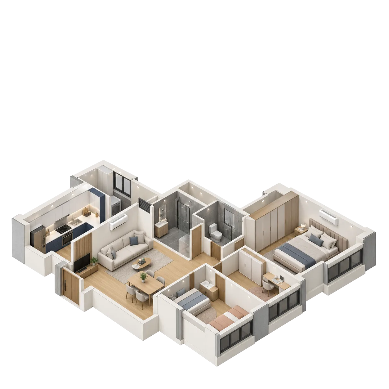 Isometric cutaway of a 4-room HDB flat showing the kitchen, bathrooms, living room and bedrooms